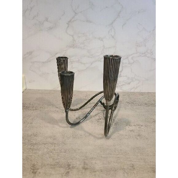 Pair Triple Light NAPIER Fluted Silverplate Candle Holders Mid-Century MOD EUC - Picture 16 of 16